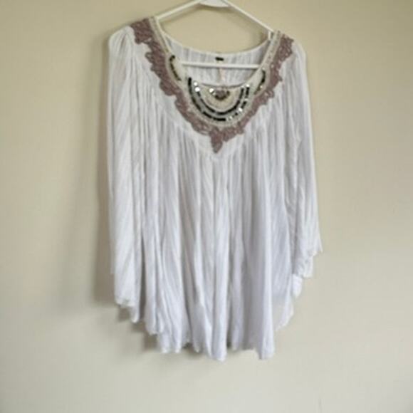 Free People Star Gazer White Gauze Top Beaded Sequin Boho Kimono Sleeve XS Small - Picture 5 of 11